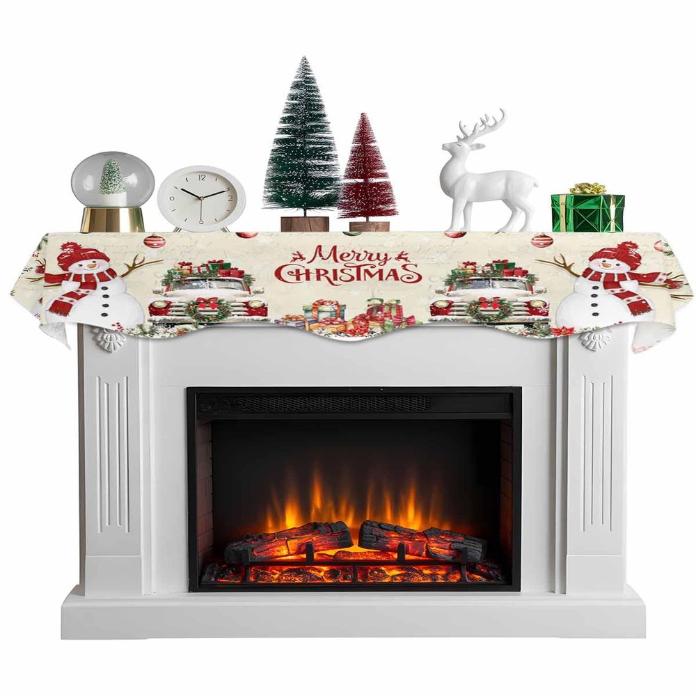 Christmas Fireplace Mantle Scarf, Snowman Snowflake Xmas Truck Pine Tree Deer Fireplace Scarf Cover Mantel Shelf Top Scarf Runner Mantel Cover Fireplace Decoration for Holiday Living Room 60"x17"