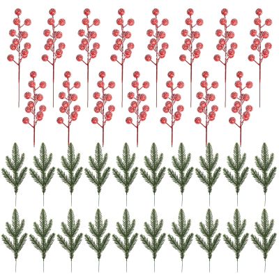 35 Pcs Artificial Pine Branches with Red Berry Stems Christmas Greenery Pine Needles Picks Frosted Berries Branches for DIY Craft Wreath Garland Home Decor