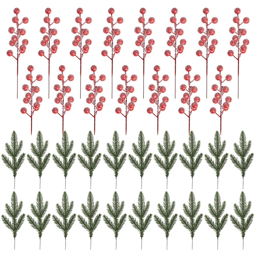 35 Pcs Artificial Pine Branches with Red Berry Stems Christmas Greenery Pine Needles Picks Frosted Berries Branches for DIY Craft Wreath Garland Home Decor