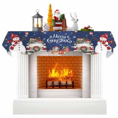 Christmas Fireplace Mantle Scarf, Snowman Snowflake Navy Blue Poinsettia Flower Fireplace Scarf Cover Mantel Shelf Top Scarf Runner Mantel Cover Fireplace Decoration for Holiday Living Room 70"x17"