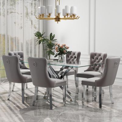 HAIZAO Clear Glass Top Dining Set for 6, 63'' Luxury Rectangular Dinner Room Set, 7 PCS Modern Glass Kitchen Table Set, Grey High-end Tufted Chairs, for Large Apartment Home (Silver)