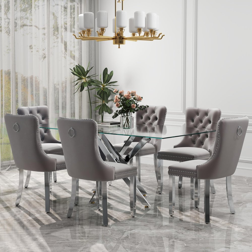 HAIZAO Clear Glass Top Dining Set for 6, 63'' Luxury Rectangular Dinner Room Set, 7 PCS Modern Glass Kitchen Table Set, Grey High-end Tufted Chairs, for Large Apartment Home (Silver)