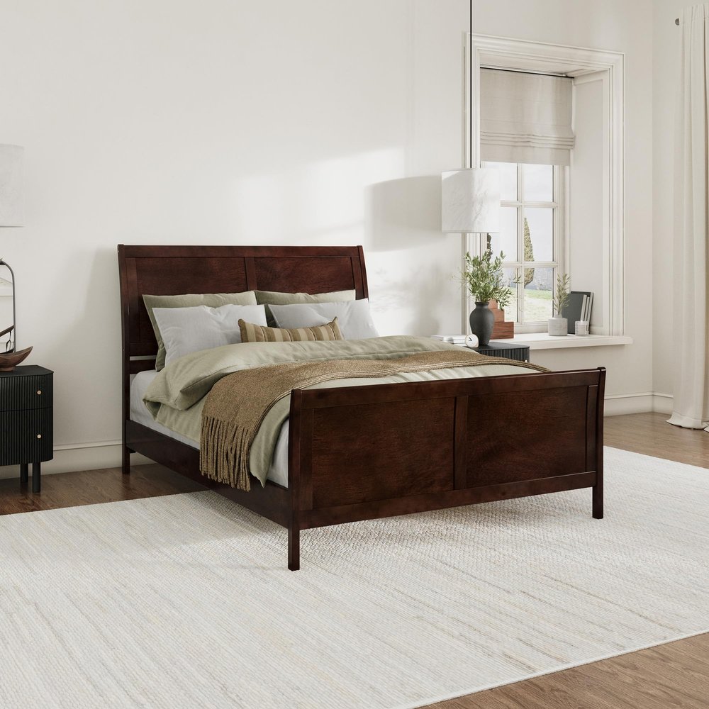AFI Valencia Queen Solid Wood Low Profile Sleigh Platform Bed with Matching Footboard in Walnut