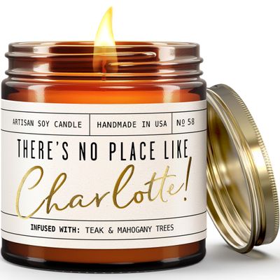 Charlotte Gifts, Charlotte Decor for Home - 'There's No Place Like Charlotte Candle, w/Mahogany & Teakwood I Charlotte Souvenirs I 9oz Jar, 50Hr Burn, Made in USA