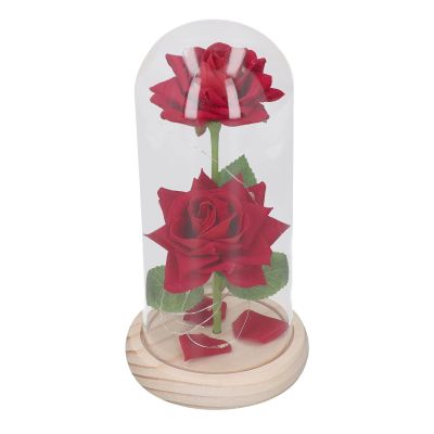 Akozon Valentine Day LED Light Up Rose in Glass Decor with Wooden Base - Romantic Artificial Flowers Ornaments for Girlfriend