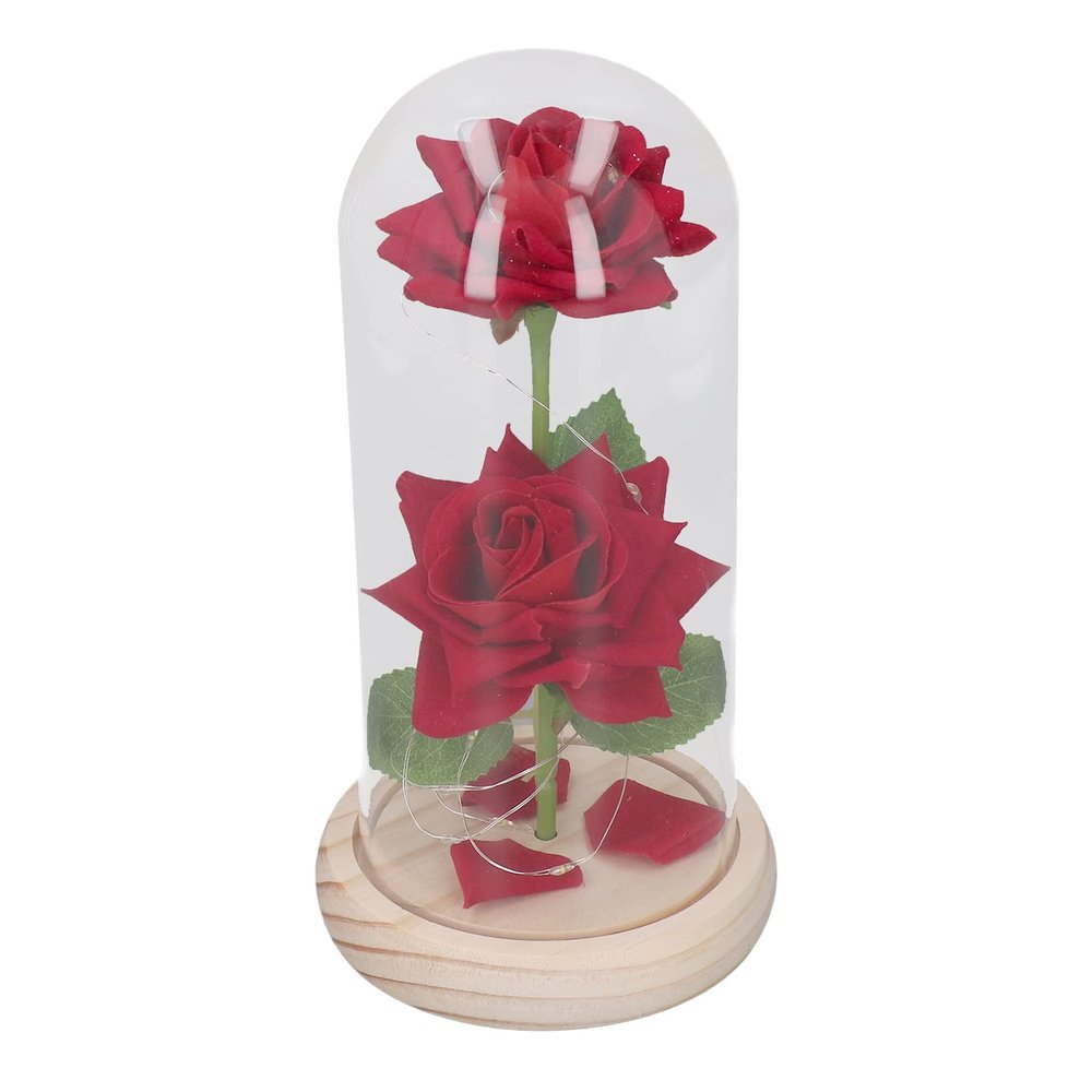Akozon Valentine Day LED Light Up Rose in Glass Decor with Wooden Base - Romantic Artificial Flowers Ornaments for Girlfriend