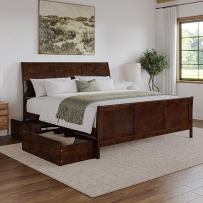 AFI, Portland King Platform Bed with Matching Footboard & Storage Drawers, Walnut
