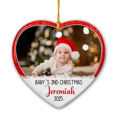 Add Photo Baby's Second Christmas Personalized Picture Frame 2025 - Ceramic Ornament Gift for Dad, Mom, Grandparents - Boy's Girl's Name, Birthday and Custom Picture