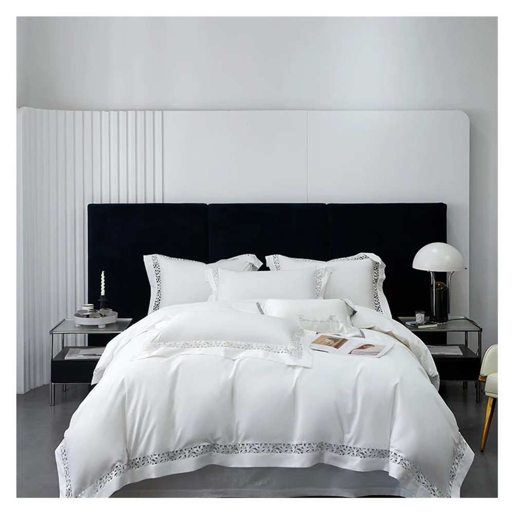 GLAMDIA White High End Bedding Set Luxury Egyptian Cotton Hollow Out Lace Bedclothes Broad Side Duvet Cover Bed Sheet Pillowcases,Bed