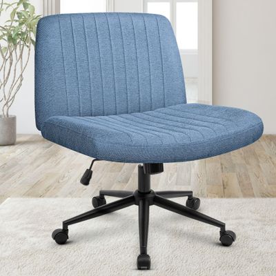 Orange Factory Criss Cross Chair Wheels Wide Cross Legged Office Desk Vanity Dual Base Comfy Fabric Armless Adjustable Swivel for Home Computer Task (Blue)