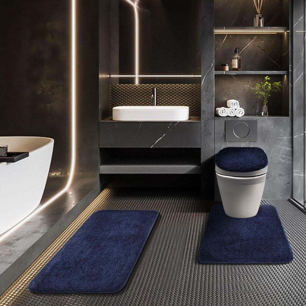 Baahrnom Bathroom Rugs Sets 3 Piece with Adjustable Toilet Seat Cover 17.5"x 15" Machine Washable Bath Rug Set with TPR Non Slip Rubber Backing Solid Bath Mat Set for Luxury Bathroom Decoration