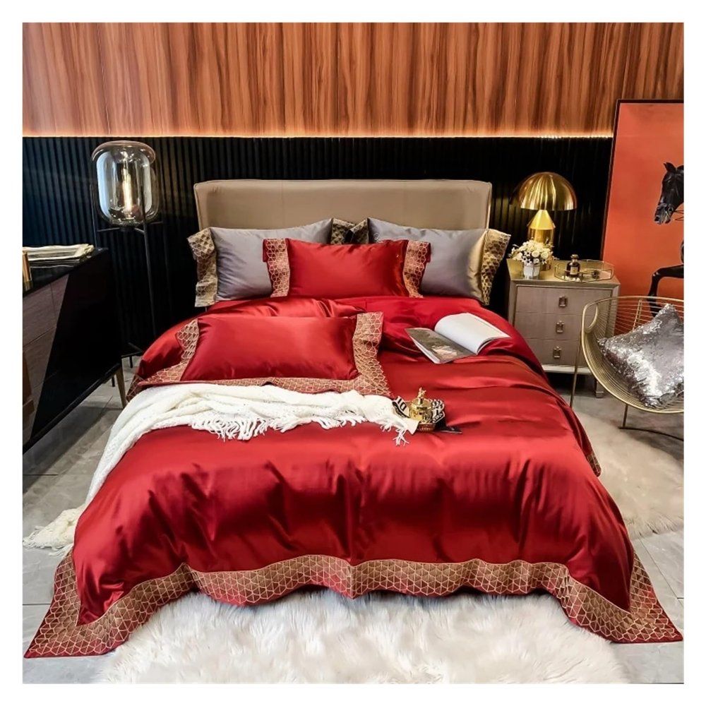GLAMDIA 1400TC Soft Silk Cotton Bedding Set Embroidery Bedlinen Green Silver Red Duvet Cover Flat Sheet Pillowcase,Bed