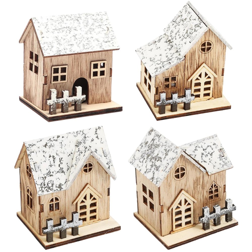 CurcKua Christmas Village Houses 4PCS/Set with LED Light Boxwood Christmas Village with Bottom Switch Delicate & Smooth Christmas Decor Christmas Houses Village Sets for Christmas Tabletop Decor