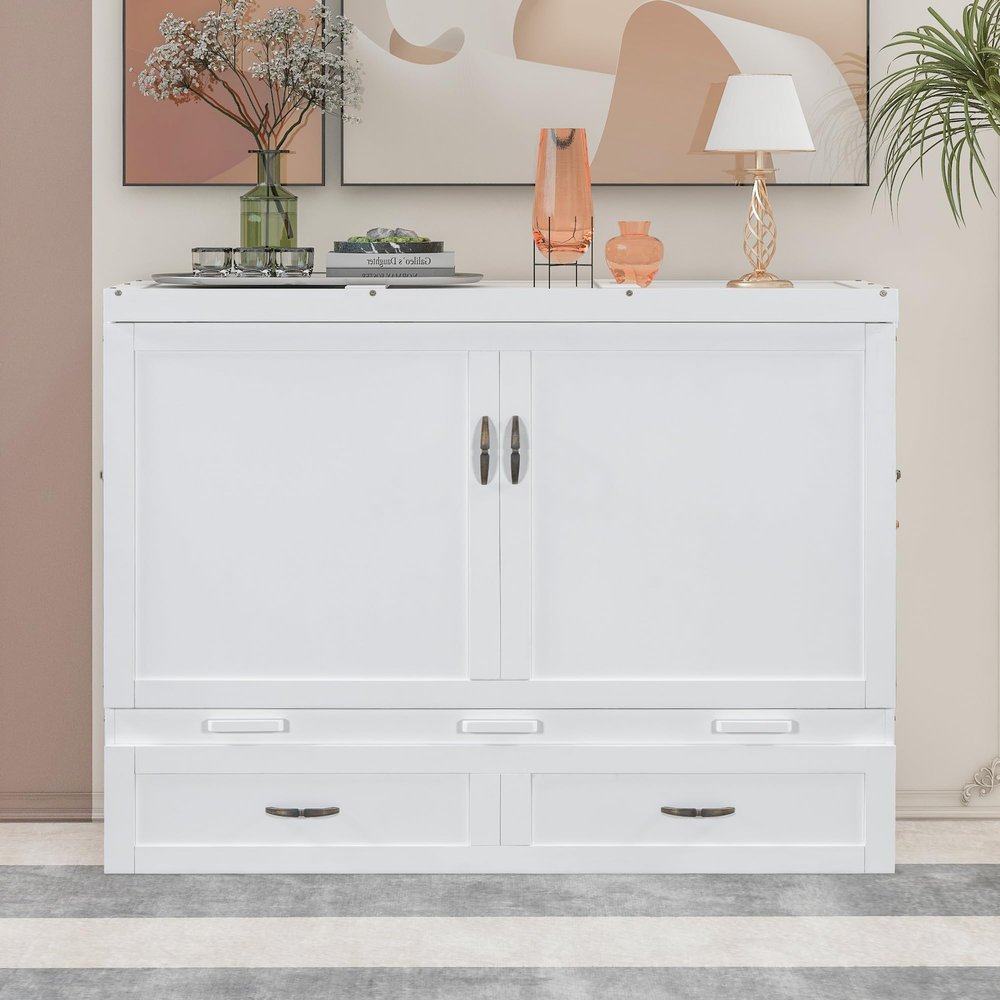 RUNNA Full Size Versatility Murphy Bed with Large Drawer,Solid Wood Mobile Murphy Chest Bed with USB Port and Metal Handles. Foldable, Saves Bedroom Space (White#069)