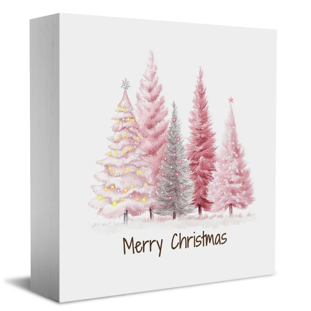 Pink Christmas Wooden Box Sign, 5x5 Inch Mini Wood Tabletop Decor, Cute Merry Christmas Tree Sign for Pink Christmas Decorations, Holiday Home Mantel or Shelf Gift