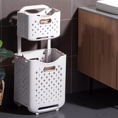 Collapsible Double Layer Laundry Basket, Wheels Clothes Storage Hamper, Folding Laundry Sorter for Laundry Room Bedroom Bathroom