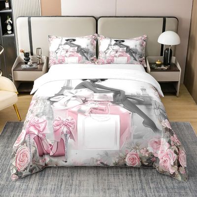100% Cotton Black Fashion Lady Queen Duvet Cover 3 Pcs Eiffel Tower Paris Landscape Bedding Set for Girls Teens Women Pink Rose Bowknot High Heels Romantic Comforter Cover,2 Pillowcases,No Comforter