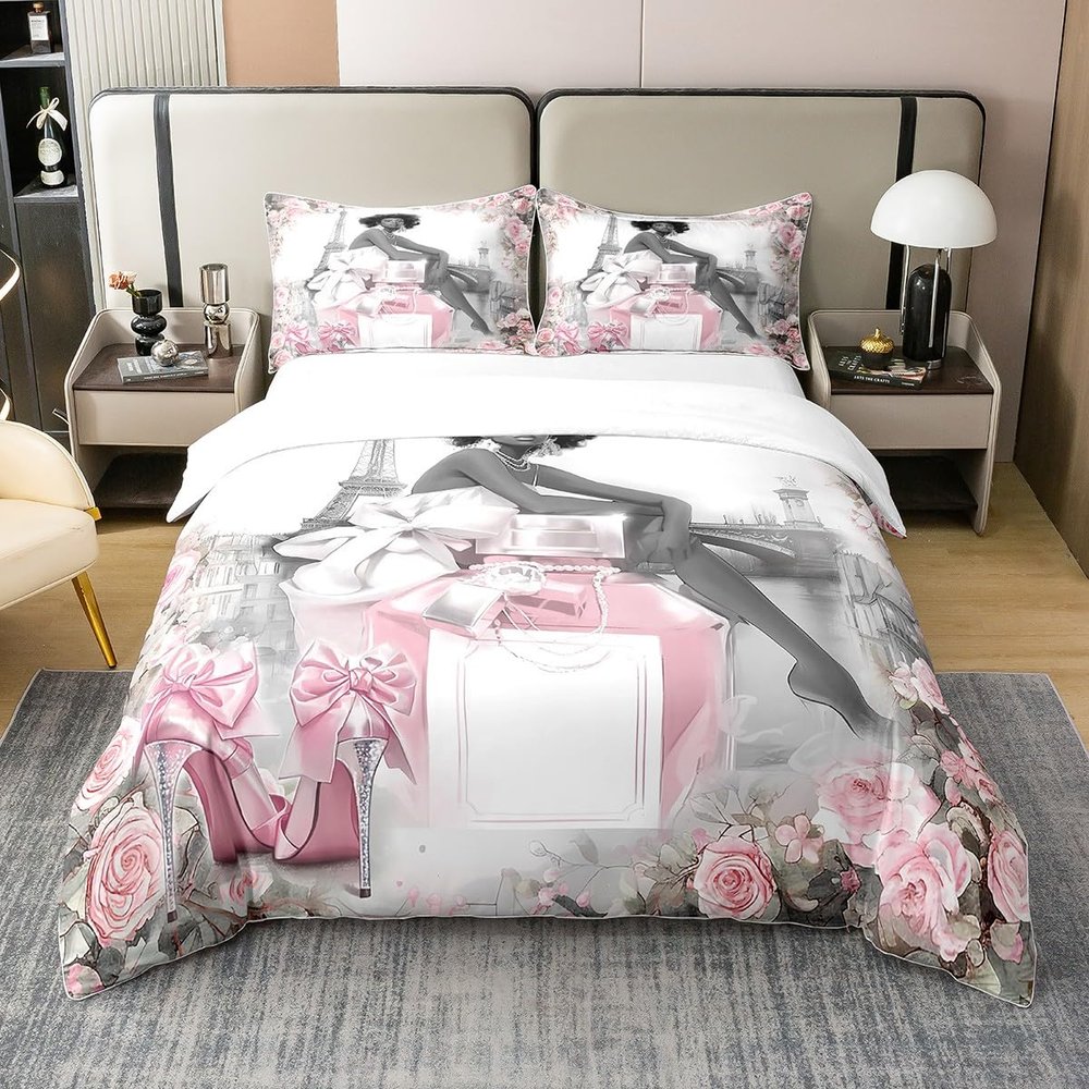 100% Cotton Black Fashion Lady Queen Duvet Cover 3 Pcs Eiffel Tower Paris Landscape Bedding Set for Girls Teens Women Pink Rose Bowknot High Heels Romantic Comforter Cover,2 Pillowcases,No Comforter