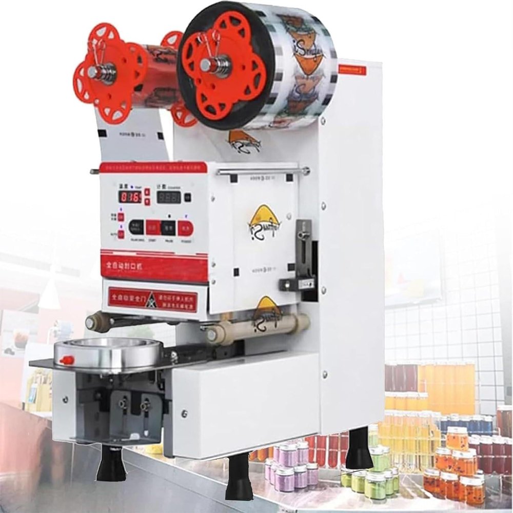 600-800 Cups/H Commercial Fully Automatic Cup Sealing Machine,350W Sealing Machine Maker with Digital Control LED Panel, for 90/95mm PP PE PC Cup Sealing(White)