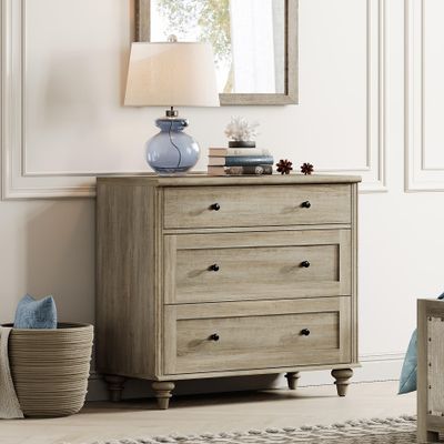WAMPAT Dresser for Bedroom with 3 Drawers, Grey Kids Dressers with Wide Chest of Drawers, Mid Century Modern Wooden Closet Storage Organizer, Small Dressers for Living Room, Nursery, Hallway
