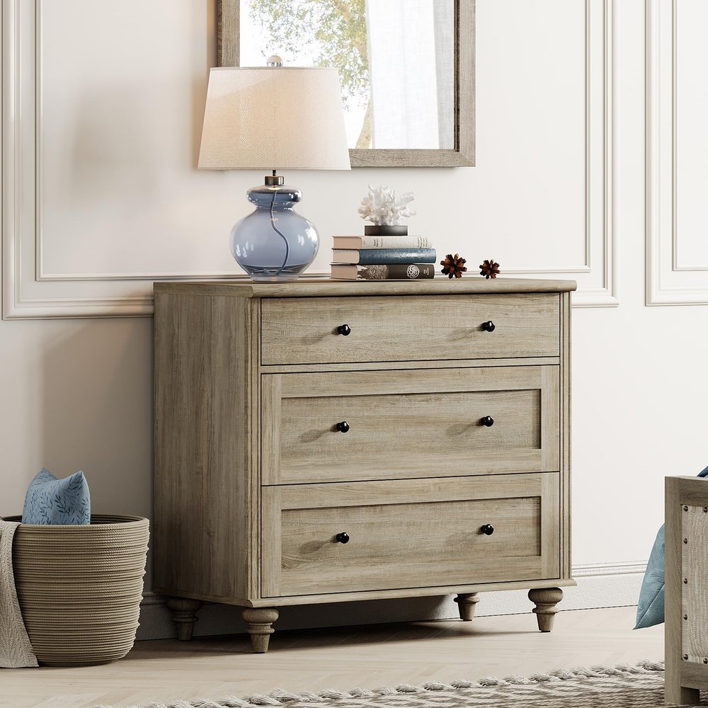 WAMPAT Dresser for Bedroom with 3 Drawers, Grey Kids Dressers with Wide Chest of Drawers, Mid Century Modern Wooden Closet Storage Organizer, Small Dressers for Living Room, Nursery, Hallway