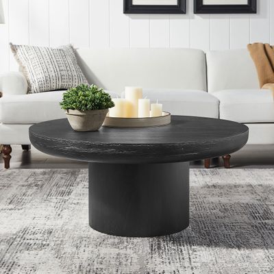 35.98'' Black Round Coffee Table, End Table Modern Coffee Table Wood Small Coffee Table with Cylindrical Leg, Wood Veneer Tabletop Table, Rounded Sofa Side Table for Living Room (35.98'' x 15.98'')