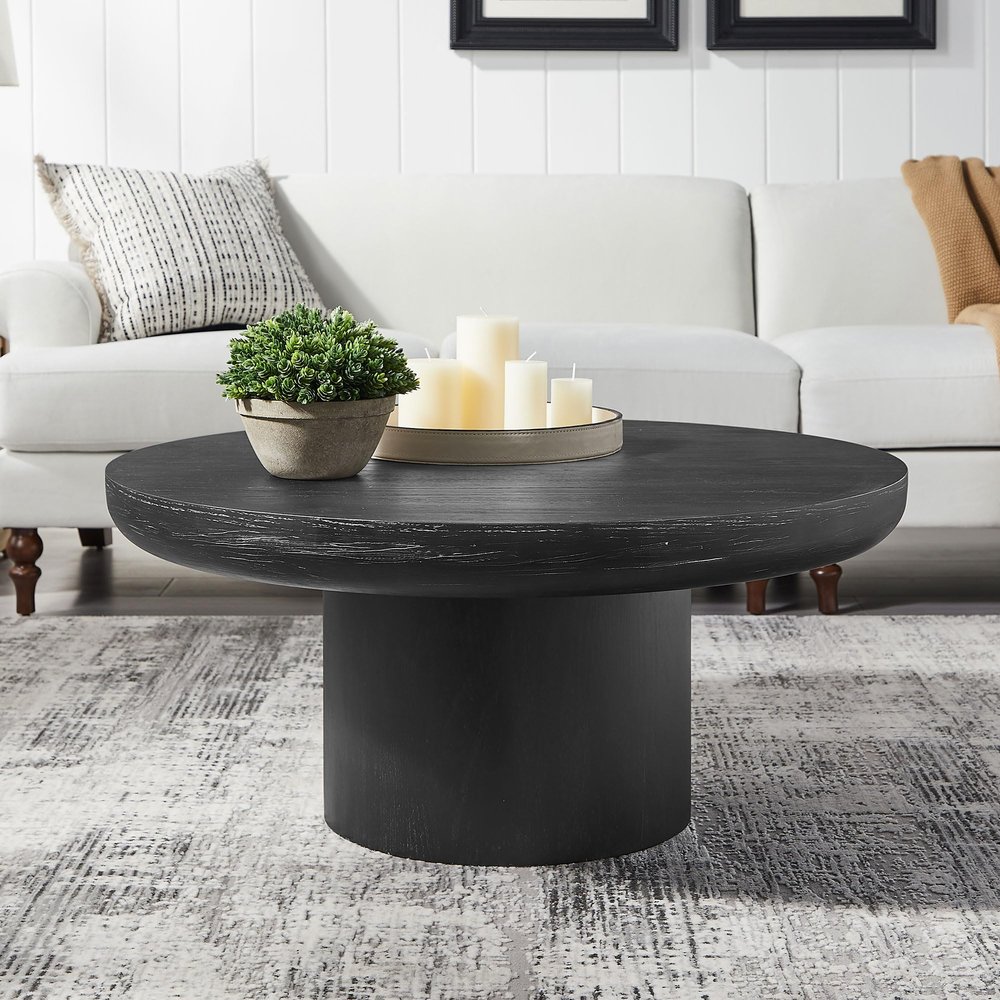 35.98'' Black Round Coffee Table, End Table Modern Coffee Table Wood Small Coffee Table with Cylindrical Leg, Wood Veneer Tabletop Table, Rounded Sofa Side Table for Living Room (35.98'' x 15.98'')