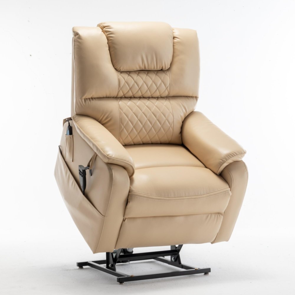 Luxurious Electric Lounge Chair for Elderly - Power Supply Recliner Sofa with 180 Flat Lying Position, Remote Control, Side Pockets - Perfect for Living Room, Bedroom, Home Theater (Beige+PU)