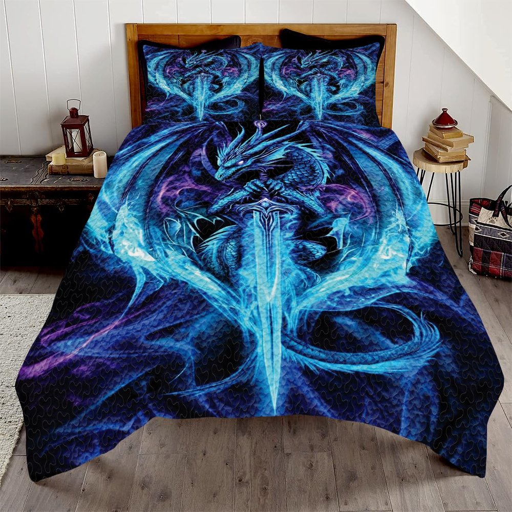 Virella Dragon Sword Quilt Set, Dragon Comforter Throw Twin Full Queen King Bedding Sets for Dragons Home Decor