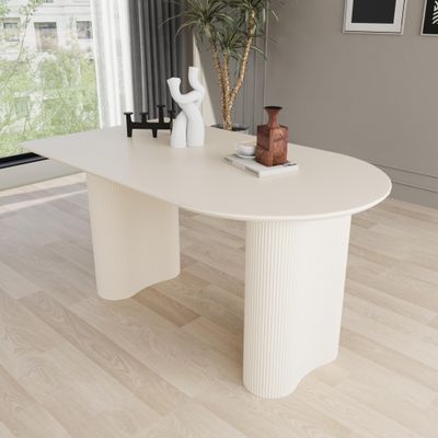 HAIZAO Modern Dining Table for 4-6, 63" Dinner Table with Smooth MDF Tabletop & Sturdy Ripple Legs, Cream Oval Fluted Dining Table for Kitchen, Dining Room, Breakfast Nook, Living Room,Office, Cafe