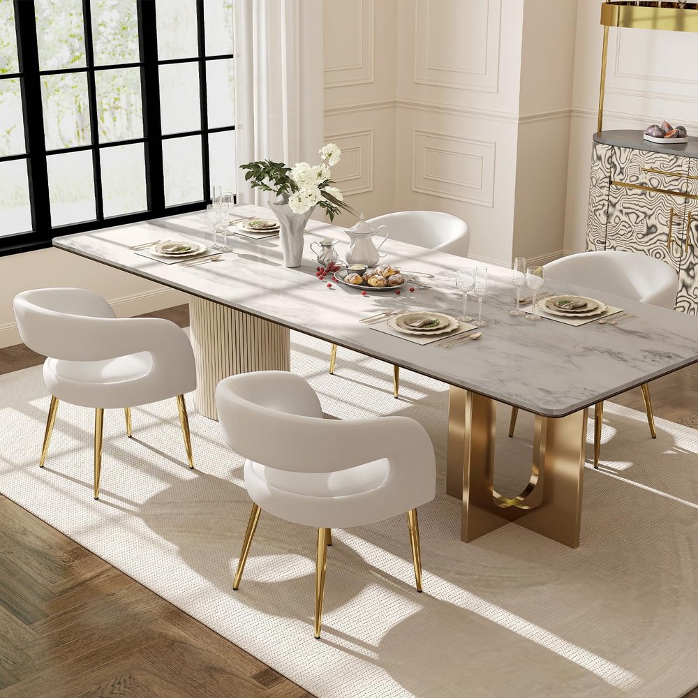 ChicAura White Velvet Upholstered Dining Chairs Set of 4, Modern Boucle Dining Chair with Gold Legs, Curved Backrest Kitchen Dining Room Chairs for Living Room Restaurant/Vanity