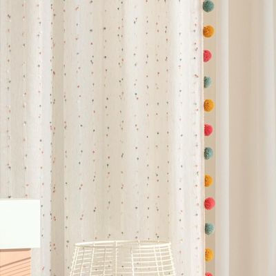 2 Panels Rainbow Linen Sheer Curtains with Colorful Pom Poms Vintage Embroidered Sheer Curtains for Kids Girls Room Light Filtering Curtain for Nursery Bedroom Rod Pocket (Mulitcolor,W55 L94 inch)