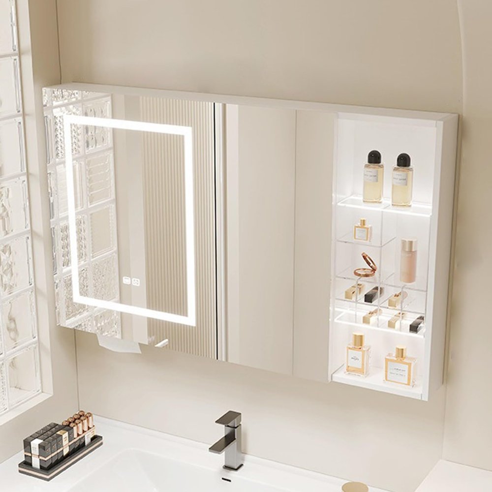 Mirror Medicine Cabinet Wall Mounted led Medicine Cabinet White Medicine Cabinet with Mirror with Defogger Dimmer Surface Mount Clock&Temp 2 Mirrored Doors Wall Mount for Makeup Enthusiasts(110x13x70c