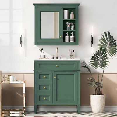 THINK 30 Bathroom Vanity Set with Mirror, Modern Bathroom Storage Cabinet with 2 Drawers and a Tip-Out Drawer, 30'' Single Sink Bathroom Vanity, Mirror Cabinet with 3 Open Shelves, Green