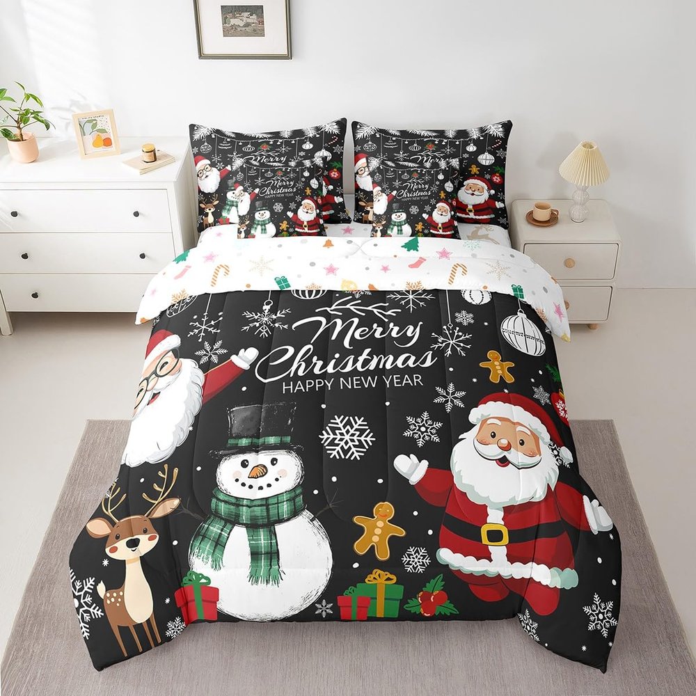 Erosebridal Christmas Queen 7 Piece Comforter Set Snowman Santa Claus Bedding Set Xmas Pine Tree Leaves Snowflake Bed in A Bag with Sheets for Kids Adults Winter Holiday Happy New Year Bed Set