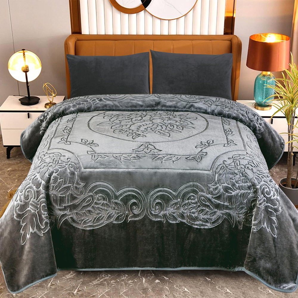 JYK Soft Fleece Bed Blanket King Size, 9 Lbs 800GSM Warm Thick Heavy Plush Blanket, 1 PLY Embossed Microfiber Mink Blanket for Winter, 85" x 95", Grey