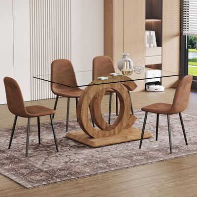 63 Glass Dining Table Set for 4, 5 Piece Dining Table Set, Modern Dining Room Table Set with 0.4" Tempered Glass Tabletop and MDF OC-Shaped Leg&Wood Pattern Base, 4 PU Leather Chairs for Kitchen.