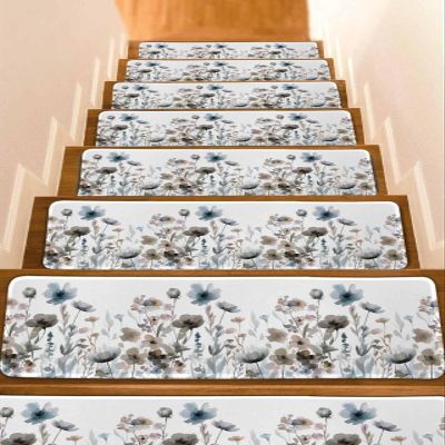 Blue Flowers Stair Treads for Wooden Steps Indoor Runner Rug Carpet, Watercolor Floral Plants Aesthetics Art 10 Pieces Peel and Stick Staircase Step Treads Covers Washable Throw Door Mats, 30"x8"