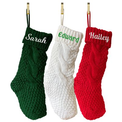 TEEAMORE Personalized Christmas Stocking Custom Name Family Embroidered Xmas Stocking for Kids Knitted Stocking for Fireplace Holiday Party Decoration 18" (3 pcs)