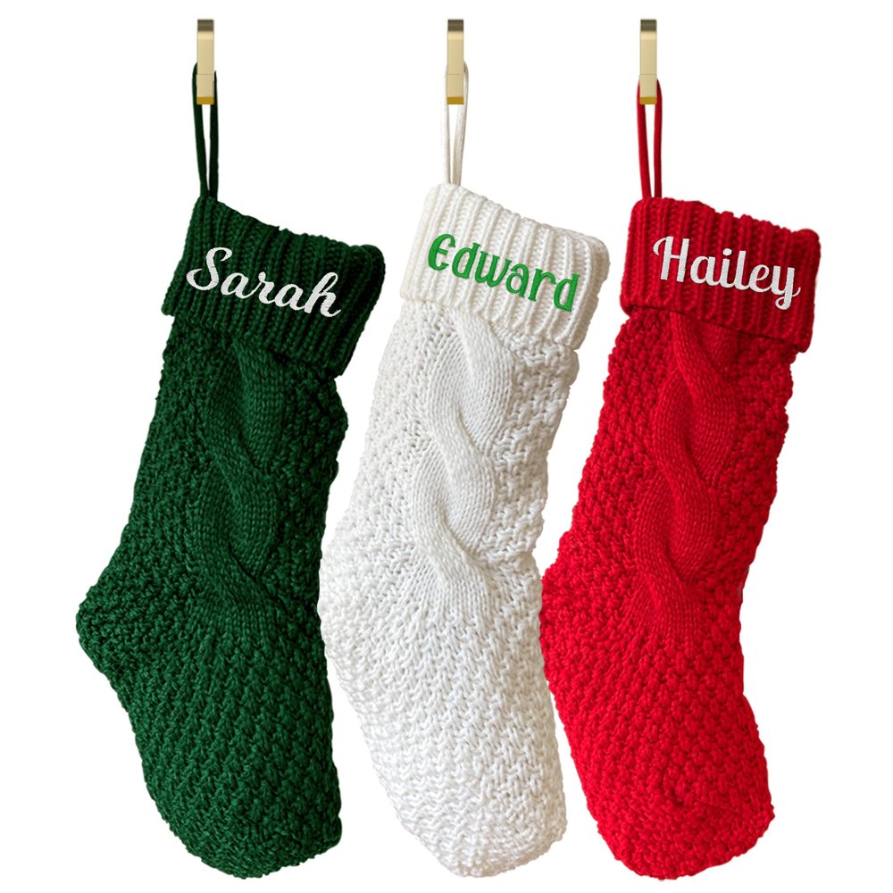 TEEAMORE Personalized Christmas Stocking Custom Name Family Embroidered Xmas Stocking for Kids Knitted Stocking for Fireplace Holiday Party Decoration 18" (3 pcs)