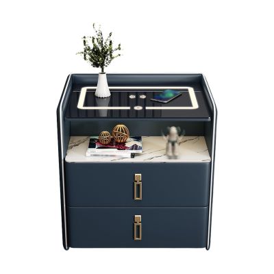 Modern Nightstand with Charging Station, Smart Nightstand, Led Nightstand, Wood Nightstand with Drawers, for Bedroom Living Room(Blue)