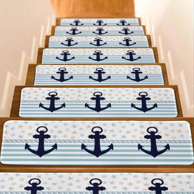 Christmas Anchor Stair Treads for Wooden Steps Indoor Runner Rug Carpet, Nautical Coastal Shell Starfish Stripes 15 Pieces Peel and Stick Staircase Step Treads Covers Washable Throw Door Mats, 30"x8"