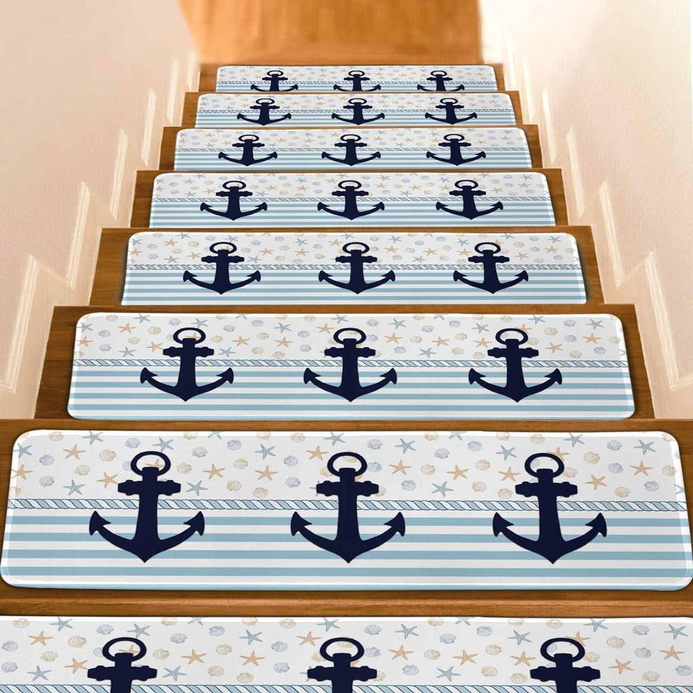 Christmas Anchor Stair Treads for Wooden Steps Indoor Runner Rug Carpet, Nautical Coastal Shell Starfish Stripes 15 Pieces Peel and Stick Staircase Step Treads Covers Washable Throw Door Mats, 30"x8"