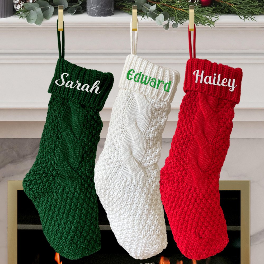 TEEAMORE Personalized Christmas Stocking Custom Name Family Embroidered Xmas Stocking for Kids Knitted Stocking for Fireplace Holiday Party Decoration 18" (2 pcs)