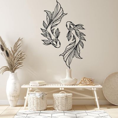 DecoSoul Koi Fish Metal Wall Art, School of Fish Family Interior Wall Decor, Koi Metal Fish Wall Decor, Feng Shui Home Design, Bedroom Decor, Livingroom Decor (Black-13.7 x 7.48 / 35 x 19 cm)