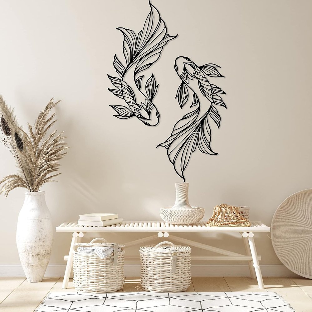 DecoSoul Koi Fish Metal Wall Art, School of Fish Family Interior Wall Decor, Koi Metal Fish Wall Decor, Feng Shui Home Design, Bedroom Decor, Livingroom Decor (Black-13.7 x 7.48 / 35 x 19 cm)