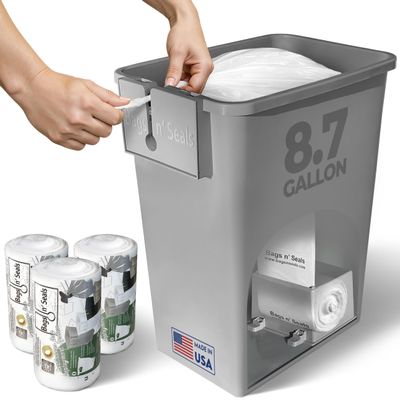 Bags n' Seals 8.75 Gallon Trash Can Under Sink with Hermetic Sealing System, Built-In Bag Dispenser, Pull Out Waste Basket for Kitchen Cabinet, Bathroom & Office, Includes 120 Scented Bags,Made in USA