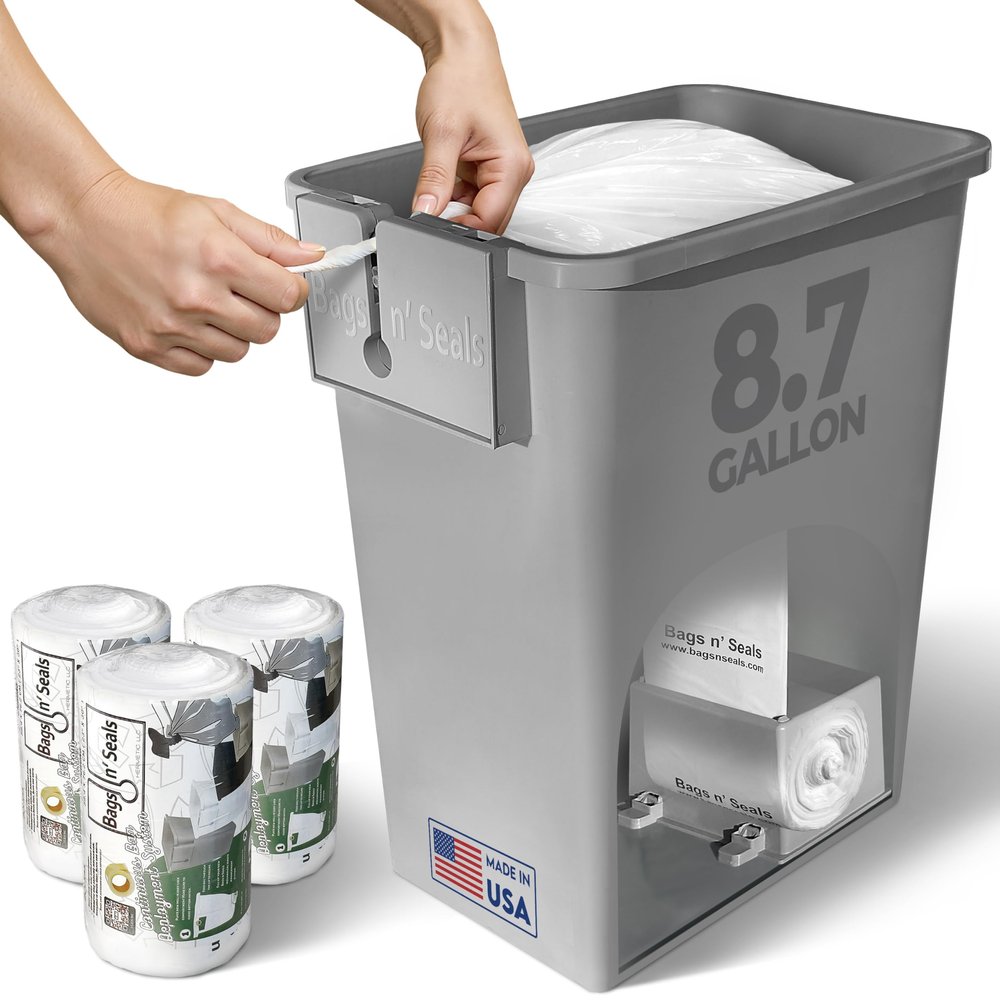 Bags n' Seals 8.75 Gallon Trash Can Under Sink with Hermetic Sealing System, Built-In Bag Dispenser, Pull Out Waste Basket for Kitchen Cabinet, Bathroom & Office, Includes 120 Scented Bags,Made in USA