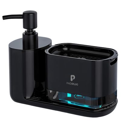 Automatic Dishwasher Soap Dispenser Set, Satisfying Squeeze Double Soap Pump, Premium Sponge Tray, Kitchen Sink Organizer, Instant Refill Soap Holder, 2 Minutes cleanup, Hand Pressed, Modern (Black)