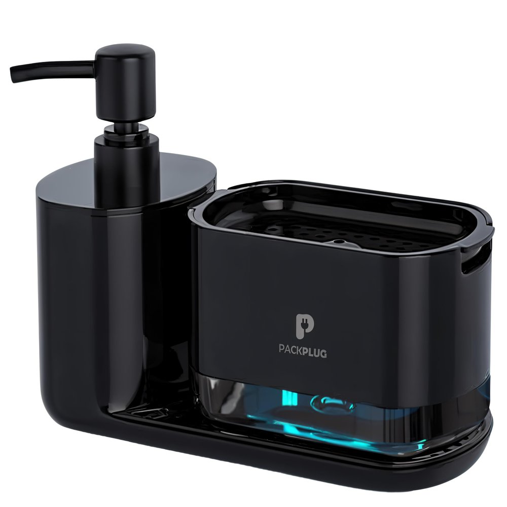 Automatic Dishwasher Soap Dispenser Set, Satisfying Squeeze Double Soap Pump, Premium Sponge Tray, Kitchen Sink Organizer, Instant Refill Soap Holder, 2 Minutes cleanup, Hand Pressed, Modern (Black)